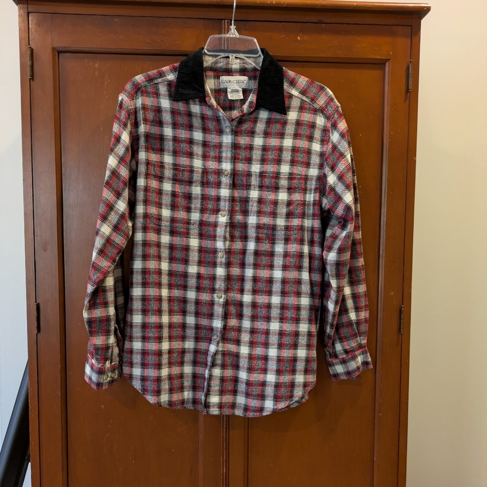 Cozy Cabincore Cotton Flannel Shirt With Corduroy Collar